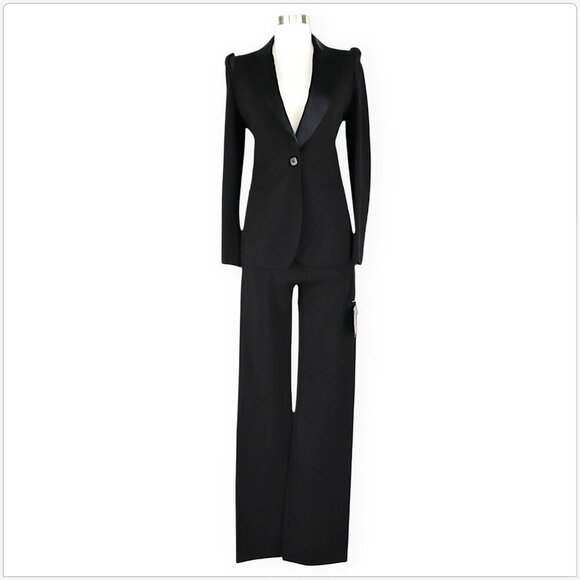 Donna Karan Black Puff Sleeve Jacket Molded Doubleknit Tuxedo Pants Suit NWT 2 - Picture 2 of 12